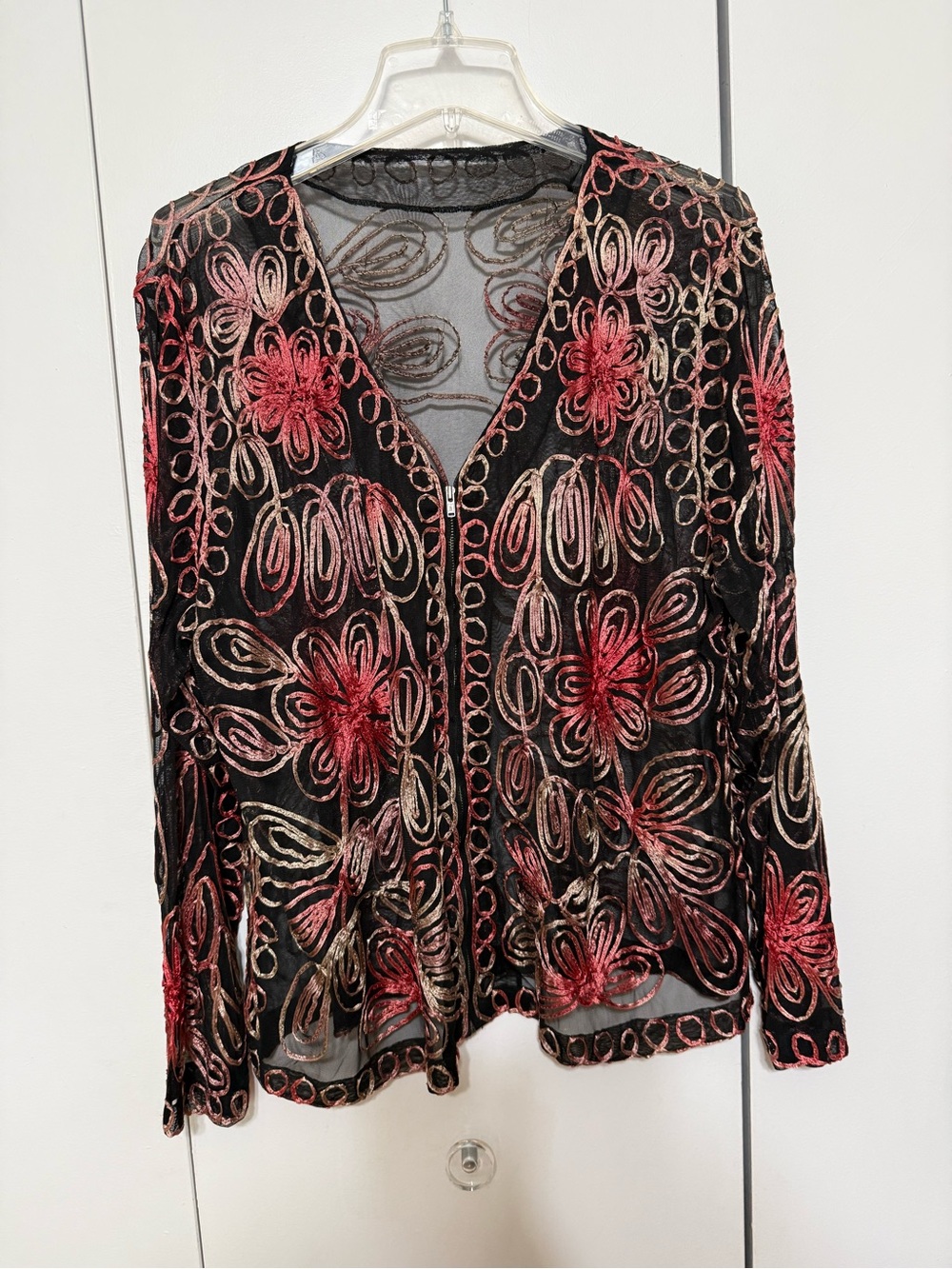 Embroidered Floral Sheer Black V-Neck Zipper Top - Red & Gold Accents